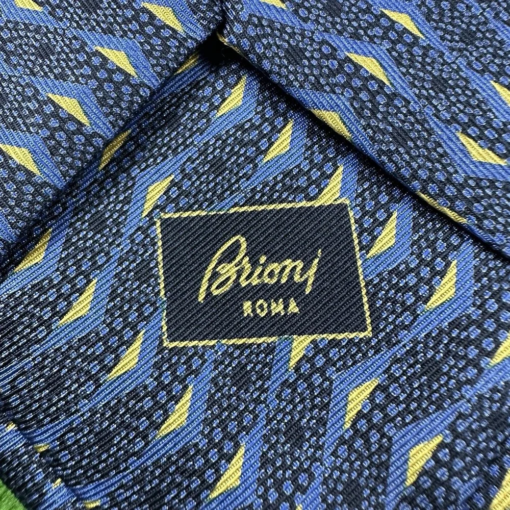 Brioni Blue Yellow Geometric Pure Silk Men's Tie 3.75 Inch Width